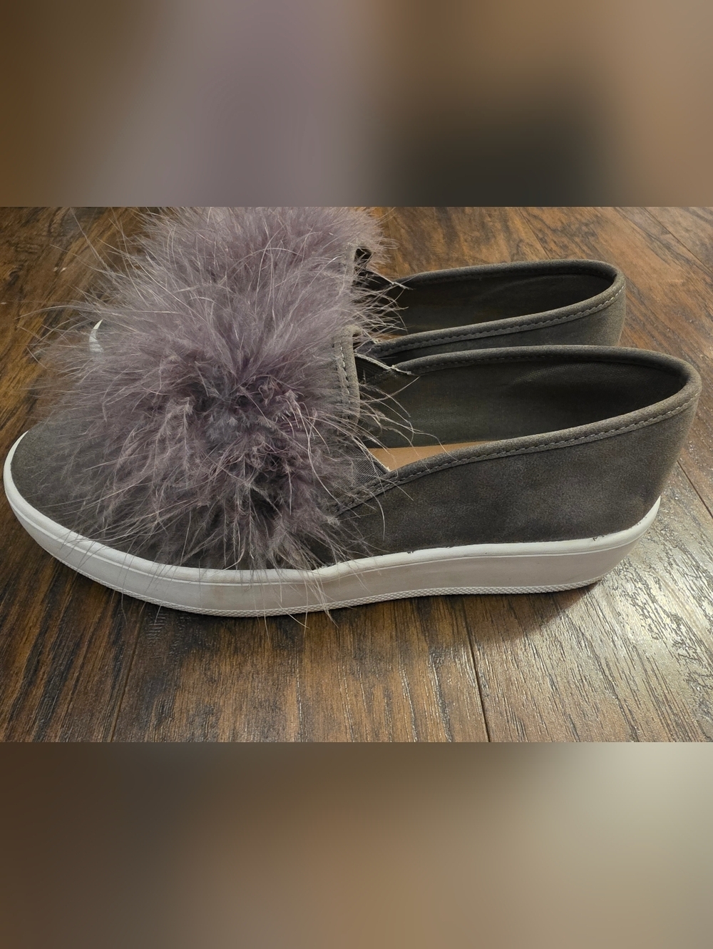 Soda Gray Suede Slip-On Mules with Purple Pom - Picture 5 of 6
